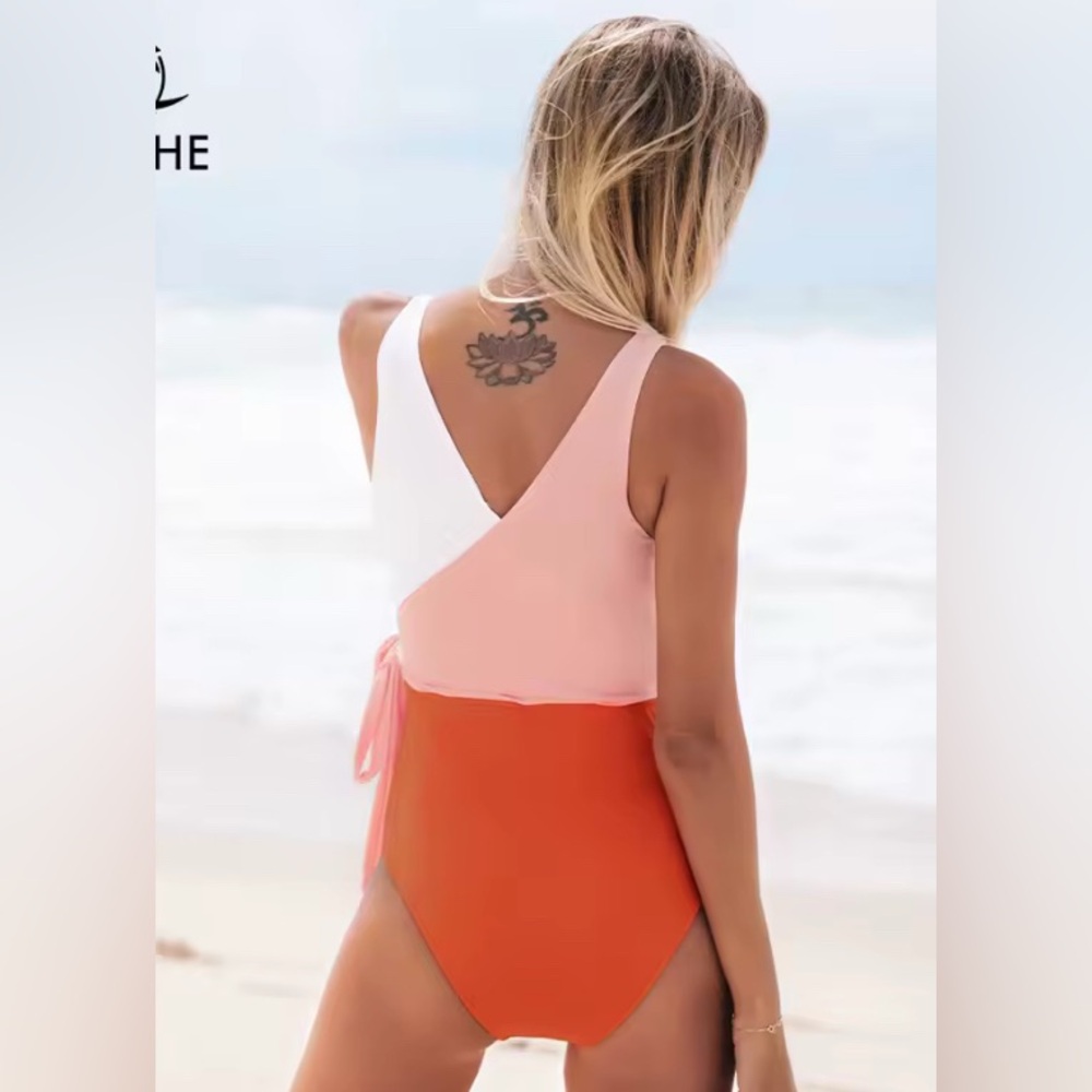 Cupshe Orange And White Colorblock One-piece Swimsuit Women Patchwork Size L - Picture 4 of 5